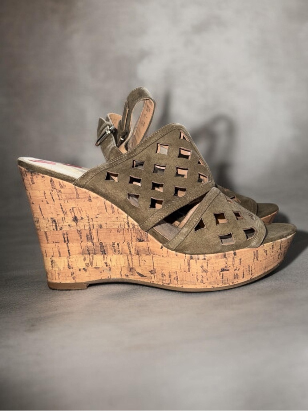 Franco Sarto Shea olive laser cut cork wedge sandals
